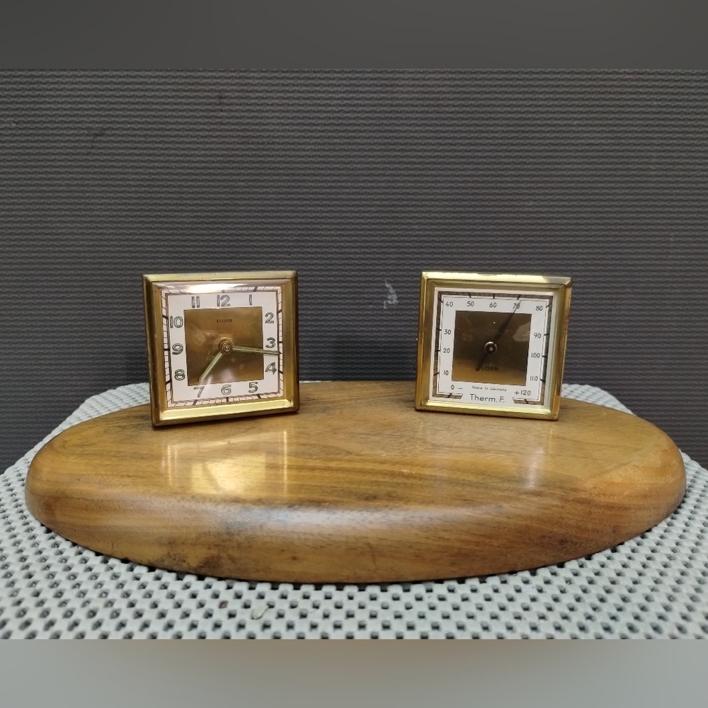 Vintage MCM Florn Wind-Up Clock & Thermometer Desktop Set Made In Germany